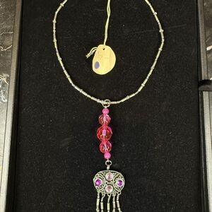 Pink Silver Beaded Y2K Necklace Artisan Boho Tassel